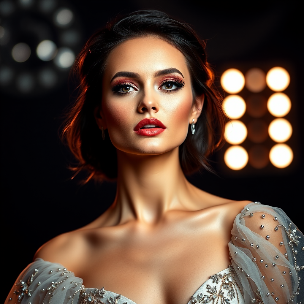 Studio portrait, female model, elegant couture dress, bold makeup, dramatic lighting, Utilize a 50mm portrait lens for crisp details and a soft background blur, 8k
