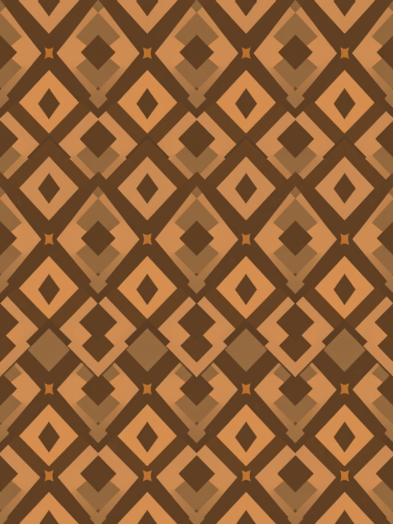 Create a seamless pattern featuring geometric shapes in warm earth tones, with alternating layers of diamonds and squiggle designs, using a digital rendering style at high resolution, focal length 50mm, aperture f/8, ISO 100, top-down camera view, using a DSLR camera.