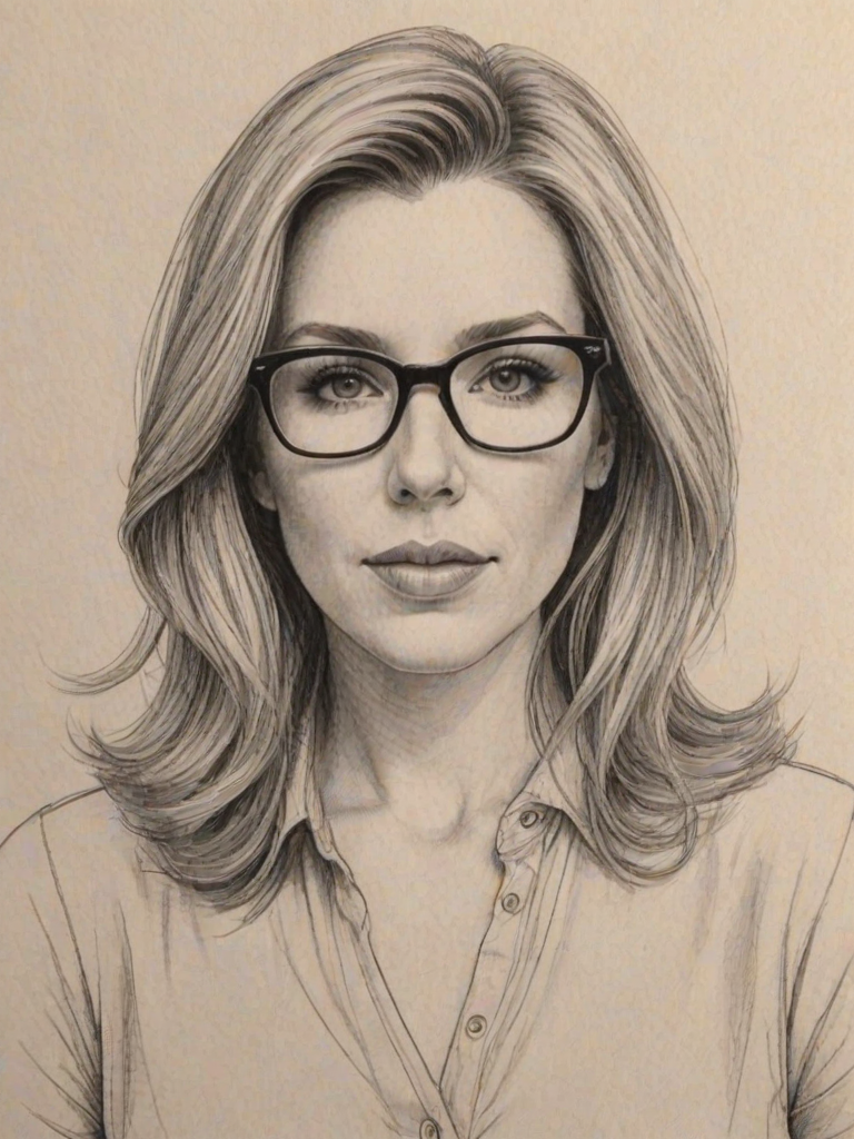 Lovely June Diane Raphael, pencil sketch, portrait of Attractive woman 1978s in glasses, hair style beatnik, outline, clear lines, fine lines, 8k