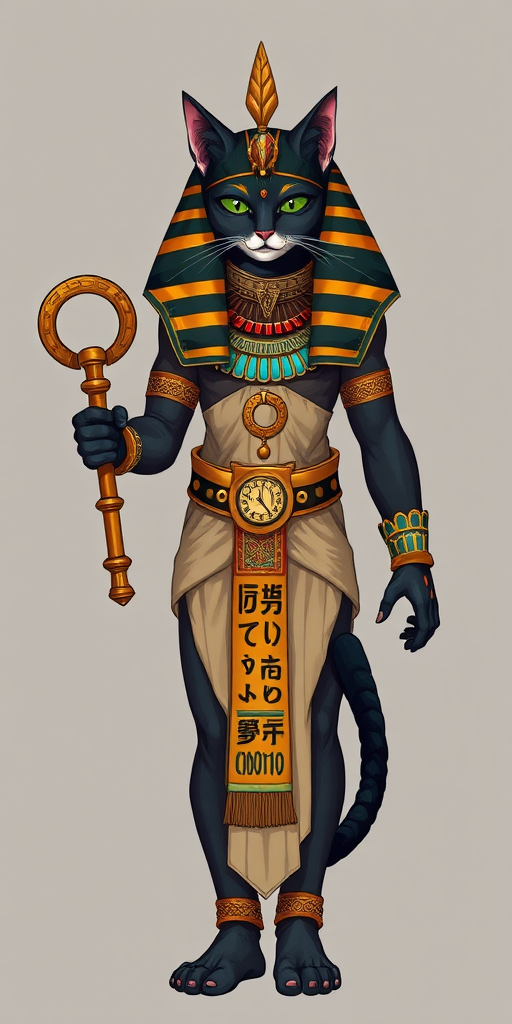 Regenerate a full-body illustration of a cat-headed deity in ancient Egyptian attire, holding an ankh and wearing intricate jewelry, use a high-resolution digital art style, camera settings 50mm lens, f/8 aperture, 1/125 shutter speed, shot from a straight-on perspective for clarity and detail.