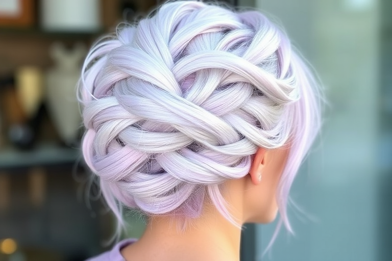 Icy platinum blonde hair with lavender tones in a chic French twist, Frosted Lilac Twist creation, combining elegance with a touch of whimsy and pastel charm