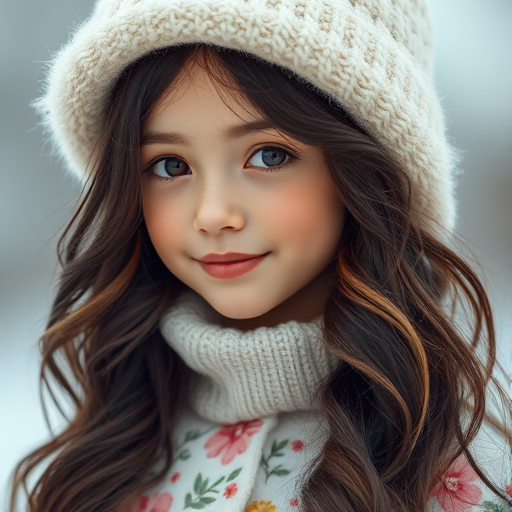 Her head is topped with a light-colored, fluffy winter hat that adds an element of coziness and contrasts with her floral outfit. The hat, along with her soft, wavy dark hair, which has hints of lighter tones towards the ends, enhances the whimsical, dreamy quality of the scene."