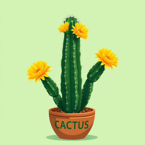 Create a vibrant digital illustration of a tall cactus with bright yellow flowers, placed in a round brown pot with the word "CACTUS" on it, set against a solid light green background, using a Canon EOS R camera, 50mm lens, f/2.8 aperture, shot in natural light for enhanced color saturation and detail.