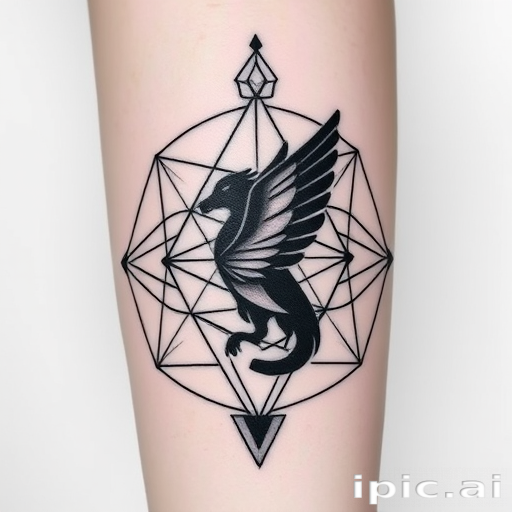Geometric blackwork tattoo combining sacred geometry and animal silhouettes, precise line work and symmetry, bold contrast and negative space, modern minimalist design