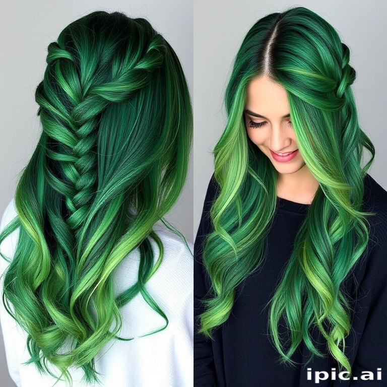 Enchanted Forest Locks boast a rich emerald green ombre effect, transitioning from deep forest tones at the roots to lighter lime hues at the tips, styled in loose bohemian braids