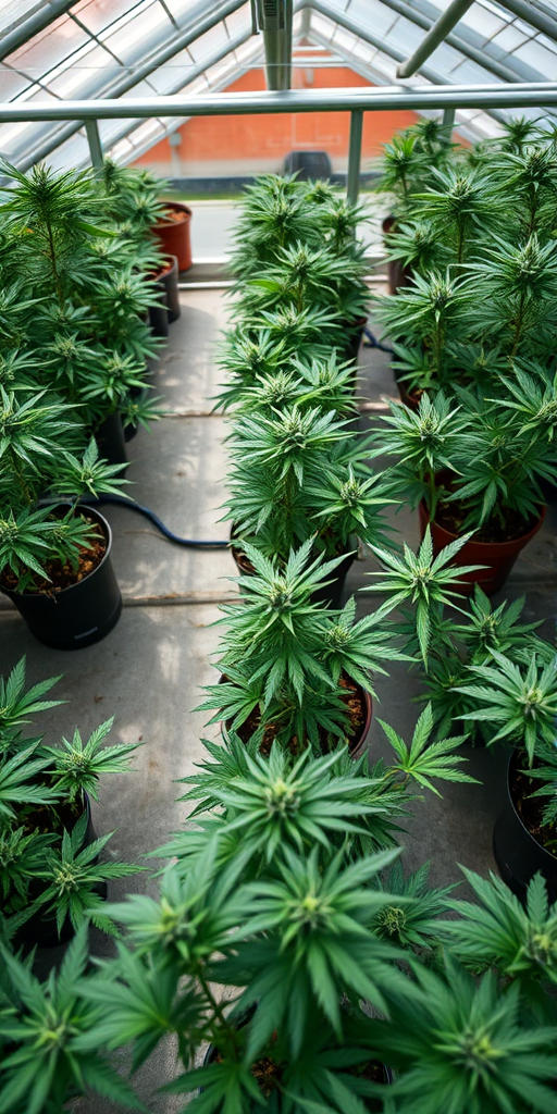 top-down view of potted marijuana plants in a greenhouse, shallow depth of field, f/2.8 aperture, 1/125 sec exposure, ISO 200, DSLR camera, natural lighting