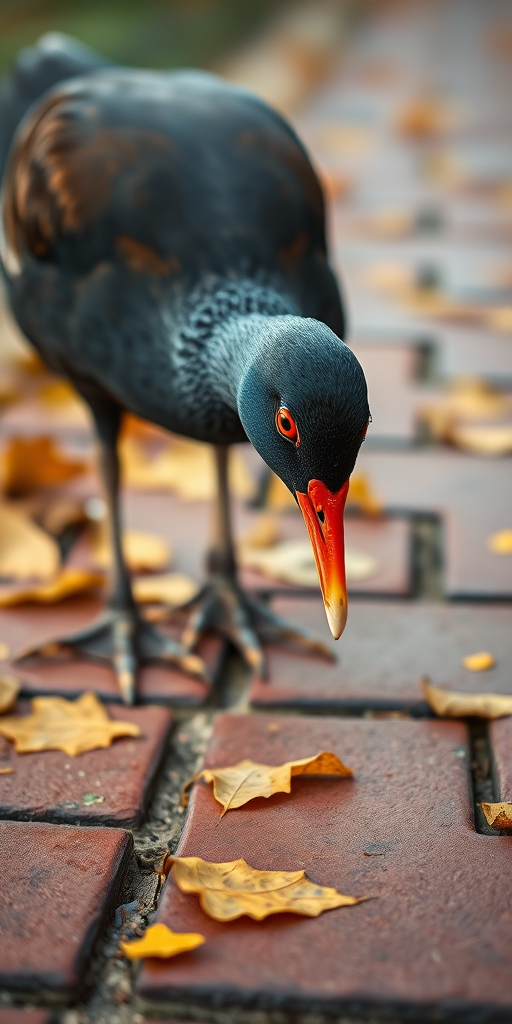 Capture a close-up of a moorhen foraging on a brick path covered with autumn leaves, shallow depth of field, natural light, ISO 200, f/4, 1/250s, DSLR camera with a 50mm lens.