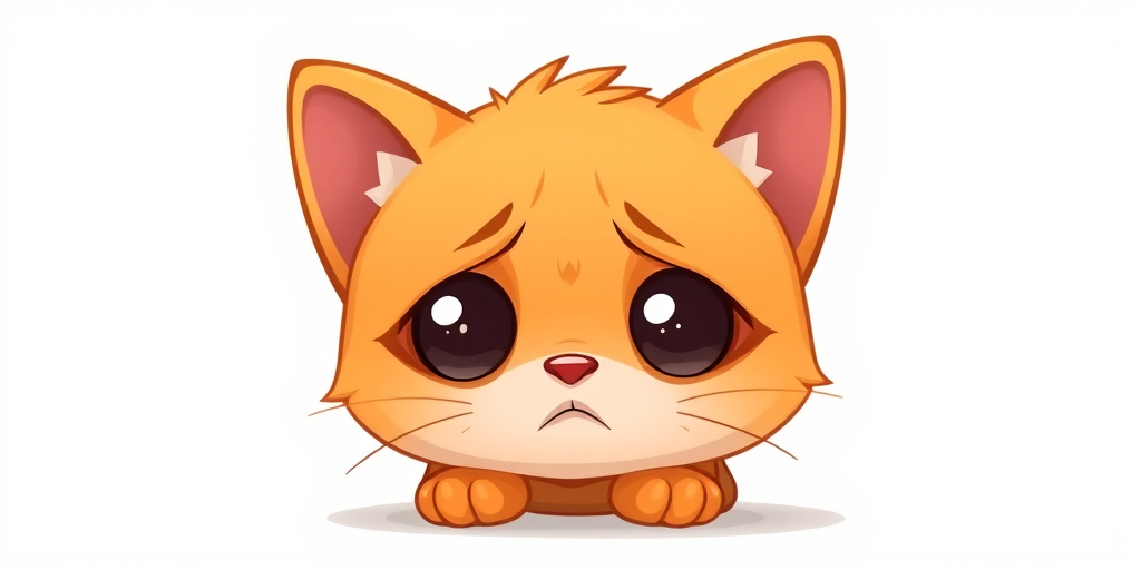 Create a cute, cartoon-style illustration of an orange kitten with big eyes and a sad expression, set against a white background, using a Canon EOS R5 camera with a 50mm f/1.2 lens, at an aperture of f/2.8, ISO 100, and a soft-focused depth of field for enhanced image quality.