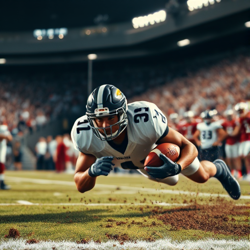 Blurry action shot of a football player diving for a touchdown, mud splashing up from the field, intense concentration on their face, the crowd roaring in the background, stadium lights casting harsh shadows on the field, focus on the ball in their hands.
