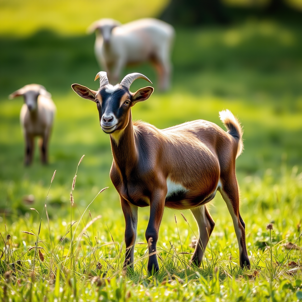 Regenerate the image of a goat standing in a grassy field with another goat in the background, captured with a DSLR camera, 50mm lens, f/2.8 aperture, ISO 100, 1/200 sec shutter speed, soft focus, natural lighting, and shallow depth of field to highlight the subject.