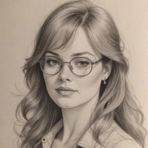 Splendid Cassandra Clare, pencil sketch, portrait of Stunning woman 1972s in glasses, hair style beatnik, outline, clear lines, fine lines, 8k
