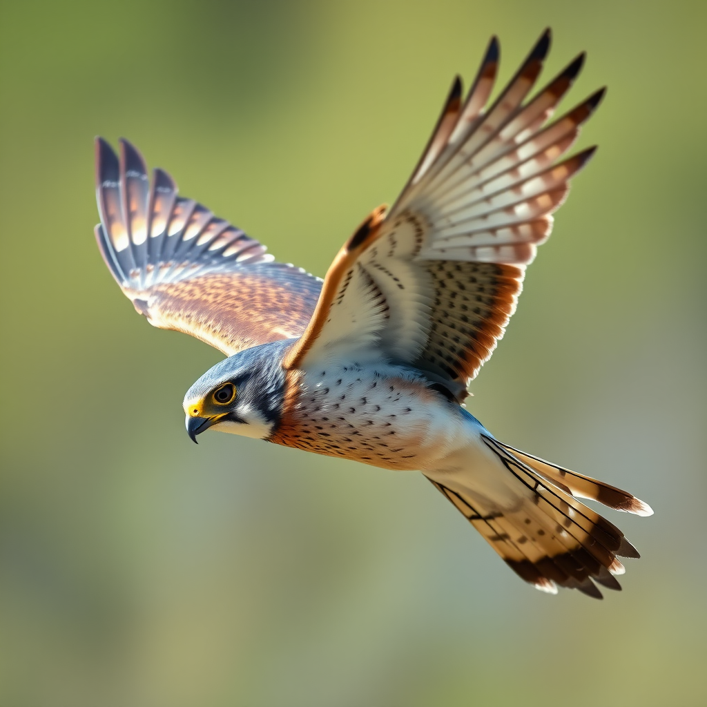 create a detailed illustration of a flying falcon with clear plumage details and vibrant colors, using a Canon EOS R5 camera with an 85mm f/1.2 lens, shallow depth of field, and bright daylight to enhance image quality