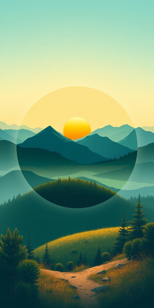 Create a digital illustration of a landscape framed within a circular design, featuring a sun and mountains, using a high-resolution setting of 300 DPI, shot from a straight-on view with a soft focus lens and a DSLR camera type.