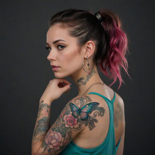 A portrait of a young woman with long dark hair tied up in a bun, with pink streaks, and intricate shaved designs. She is wearing a teal tank top and has a large butterfly tattoo across her chest and multiple colorful floral tattoos on her arms. The woman is looking off to the side, slightly tilted, her right arm is crossed over her chest, and her left hand is resting on her upper arm. The lighting is soft and warm, highlighting the details of the tattoos. The background is a simple, dark gray, providing a neutral backdrop for the subject. The photo has a natural, relaxed feel and a slightly artistic, moody atmosphere.  She is wearing several silver rings and bracelets on her arms, and a pair of long silver dangle earrings with red accents.  Her face is slightly shadowed, giving a soft and alluring feel.  The composition is centered on the woman, who is positioned against a dark background, the emphasis is on her tattoos and the subtle expression on her face.