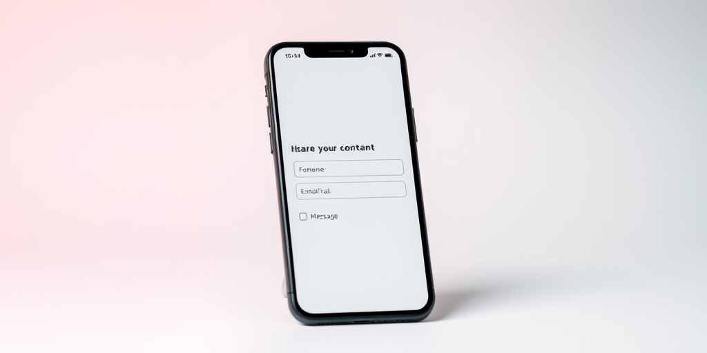 Create a high-resolution image of a modern smartphone displaying a contact form with fields for name, email, and message, using a soft gradient background, captured with a Canon EOS R camera at 50mm focal length, aperture f/2.8, ISO 100, shot from a slight angle to highlight the screen.