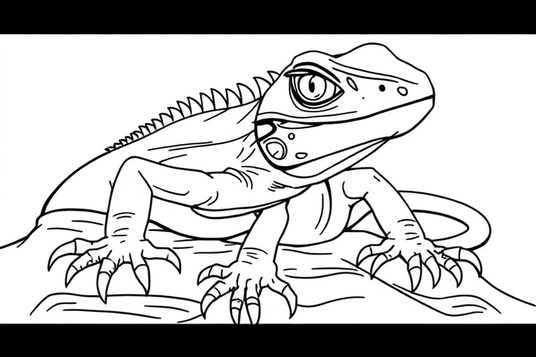 Create a detailed line art illustration of a stylized lizard with prominent features, high contrast, and a textured background, captured using a DSLR camera with a 50mm lens, f/1.8 aperture, ISO 100, and natural soft lighting.