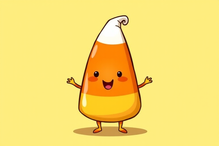 Create a vibrant illustration of a cute candy corn character on a warm yellow background, use a 50mm lens, f/2.8 aperture, ISO 100, portrait mode to enhance details and colors, digital art style.