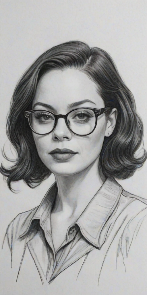 Fetching Rose McGowan, pencil sketch, portrait of Sublime woman 1929s in glasses, hair style beatnik, outline, clear lines, fine lines, 8k