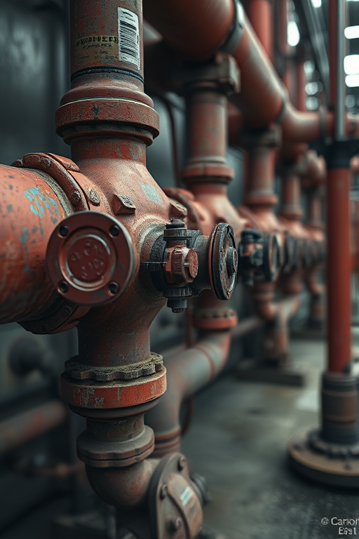 Regenerate an image of a weathered red industrial pipe with valves, using a Canon EOS R5 camera, 50mm lens, aperture f/2.8, ISO 100, shot from a low angle with a slight vignette effect for depth.