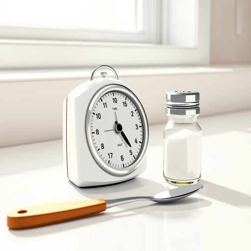 Generate a high-quality illustration of a cooking timer, a spoon, and a salt shaker arranged on a clean countertop, using a DSLR camera with a 50mm lens, aperture set to f/2.8, ISO 100, and natural light from a nearby window to enhance clarity and detail.