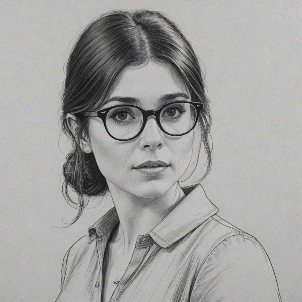 Beauteous Shiri Appleby, pencil sketch, portrait of Elegant woman 1961s in glasses, hair style beatnik, outline, clear lines, fine lines, 8k