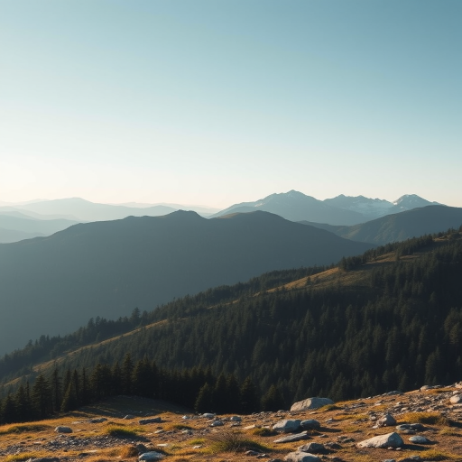 Regenerate the mountain landscape image with a high-resolution camera type DSLR, aperture f/8, ISO 100, focal length 35mm, landscape orientation, soft diffused lighting for a serene atmosphere.