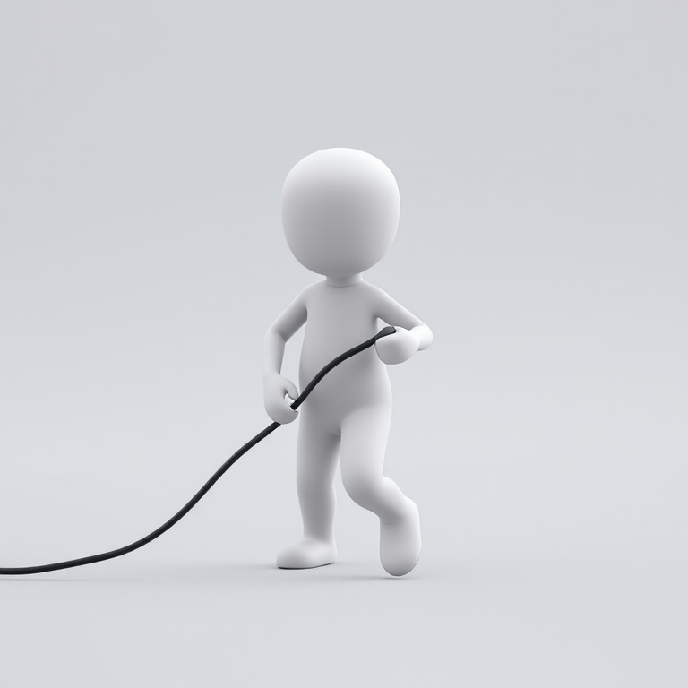 Create a 3D animation of a small white figure walking while holding a network cable with a clear and detailed view, using a DSLR camera at f/2.8 aperture, ISO 100, 1/500 shutter speed, with a shallow depth of field and a slight low-angle perspective to enhance the subject's presence.