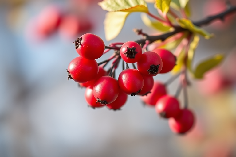 close-up shot of vibrant red berries on a branch with a soft-focus background, taken with a Canon EOS R5, 85mm lens, aperture f/1.8, ISO 100, natural light, shallow depth of field for enhanced detail and richness in color