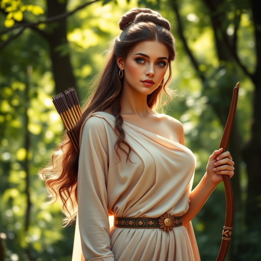 Create a portrait of a goddess-like Coptic girl figure in a tranquil, forested environment. She has an elegant appearance with long, wavy hair styled in an updo and adorned with a delicate, floral headband. She wears a flowing, ancient Greek-inspired gown in a soft, pale color, featuring a one-shoulder design and draped fabric that accentuates her graceful form. The outfit includes a decorative belt with ornate gold detailing, and she holds a bow in her hand, with a quiver of arrows slung over her shoulder. The background depicts lush greenery, with sunlight filtering through the trees, casting a gentle, ethereal light on the scene. Her expression is calm and contemplative, embodying a sense of wisdom and serenity.