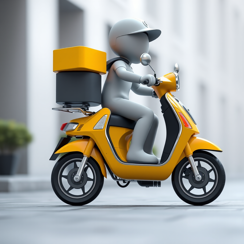 Generate an image of a 3D figure riding a yellow scooter with a delivery box, viewed from a low angle, with soft lighting, a focus of f/4.0, shutter speed of 1/60s, ISO 200, using a DSLR camera in high-resolution mode.