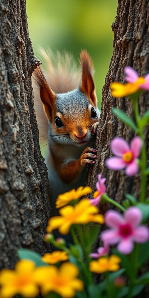 Create a hyper-realistic image of an adorable squirrel peeking from behind a tree, with vibrant flowers in the background, using a Canon EOS R5, 50mm f/1.2 lens, aperture set to f/2.8, ISO 100, and a soft bokeh effect.