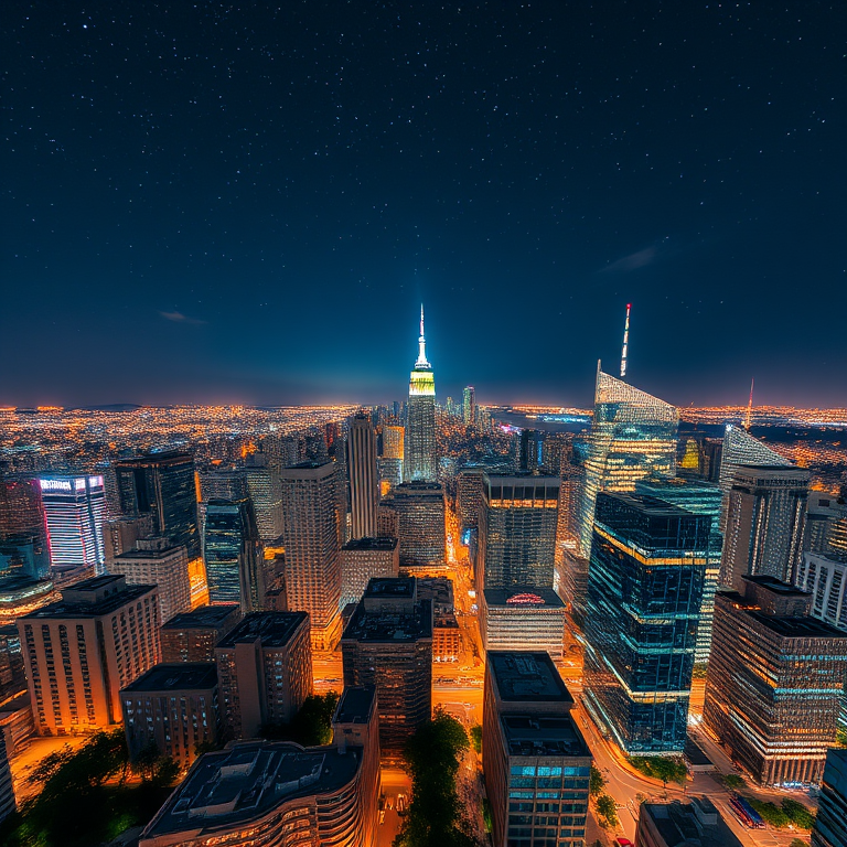 high-angle view of a city skyline at night with illuminated buildings and starry sky, HDR photography, f/8 aperture, ISO 100, 24mm lens, DSLR camera, long exposure to capture light trails