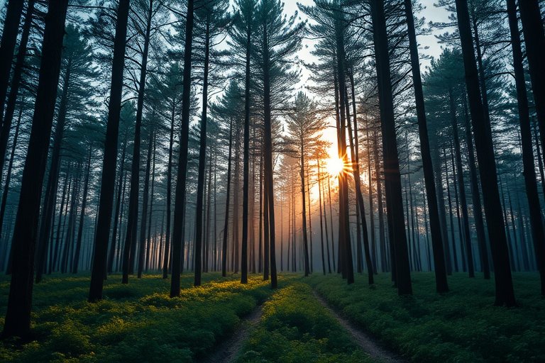Create a high-resolution image of a tranquil forest scene during sunrise with soft, diffused lighting, captured with a Canon EOS R5, ISO 100, f/8 aperture, and a 24mm lens, using a wide-angle view to emphasize the depth of the forest.