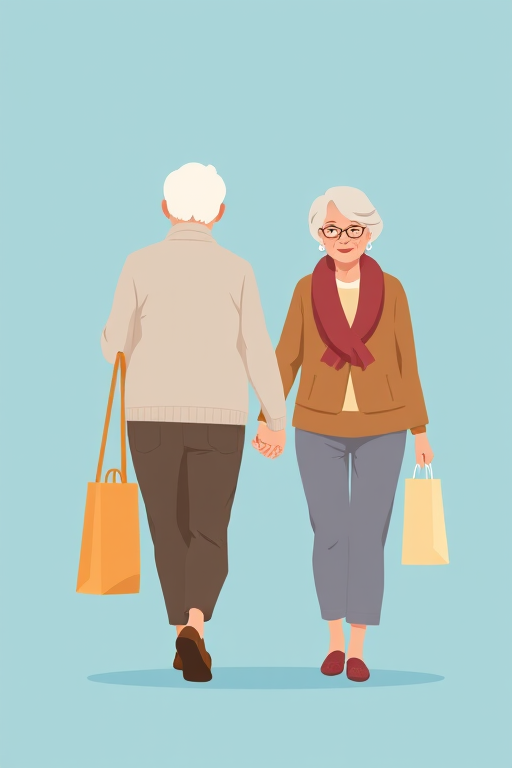Create an illustration of two elderly people walking hand in hand, with one carrying a shopping bag, in a minimalist flat design style on a soft blue background, use a digital camera setting of 50mm lens, f/1.8 aperture, and soft lighting effect for clarity and detail.