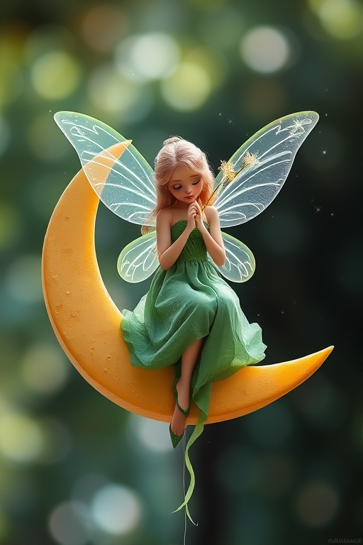 Create an image of a whimsical fairy sitting on a crescent moon with large translucent wings, wearing a flowing green dress, holding a sparkling wand with shimmering stars and sparkles around her, captured with a DSLR camera at f/2.8, ISO 100, 50mm lens, in soft natural light with a dreamy bokeh background.