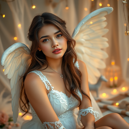 Regenerate an ethereal portrait of a young woman with delicate angel wings, dressed in a lace outfit, sitting in a mystical environment with soft glowing lights and whimsical elements, captured with a Canon EOS R5, 50mm lens, f/1.8 aperture, ISO 100, soft focus, golden hour lighting.