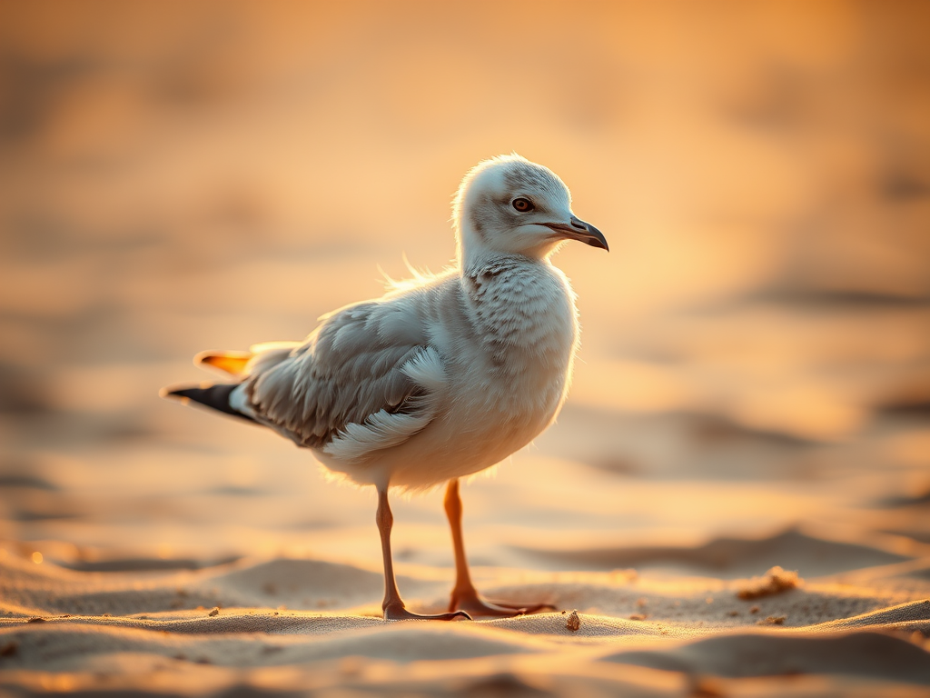 a close-up of a young seagull standing on a sandy beach with soft lighting during golden hour