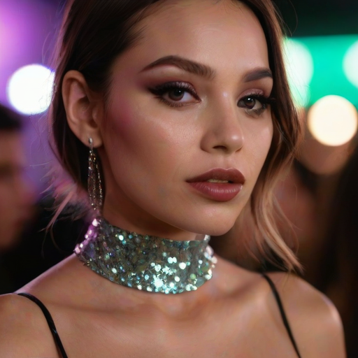 High res waist up portrait photo of a woman with glittery eye-shadow and clear glossy lip-gloss. She is looking at the viewer with her mouth closed. She is wearing a thin string-like black choker and hoop earrings. In the background is a nightclub scene out of focus