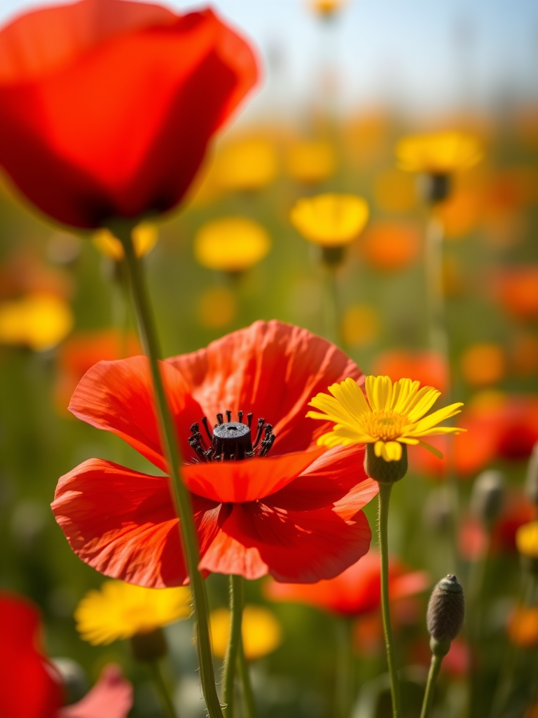 Capture a close-up photograph of a red poppy flower and a yellow flower in a vibrant meadow, using a shallow depth of field, f/2.8 aperture, with a 50mm lens, natural lighting, and a DSLR camera.