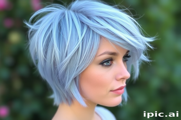 Dreamy periwinkle pixie cut with feathered layers, called "Bluebird Whisper," combines soft blue hues with delicate textures for a fairy-like appearance