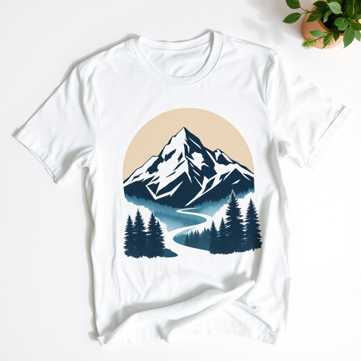 white t-shirt with mountain and nature graphic design flat lay, soft natural lighting, shallow depth of field, 50mm lens, f/2.8, ISO 100, top-down view, DSLR camera