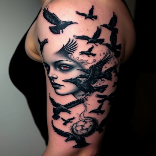 Surrealist blackwork tattoo named "Metamorphosis" featuring a haunting portrait seamlessly morphing into a flock of ravens taking flight, rendered in stark black ink with heavy contrast and precise linework, incorporating elements of optical illusions and double imagery to create a mesmerizing and thought-provoking design, utilizing negative space and strategic placement of solid black areas to enhance the overall impact, ideal for those drawn to dark and enigmatic tattoo styles that challenge perception and spark introspection