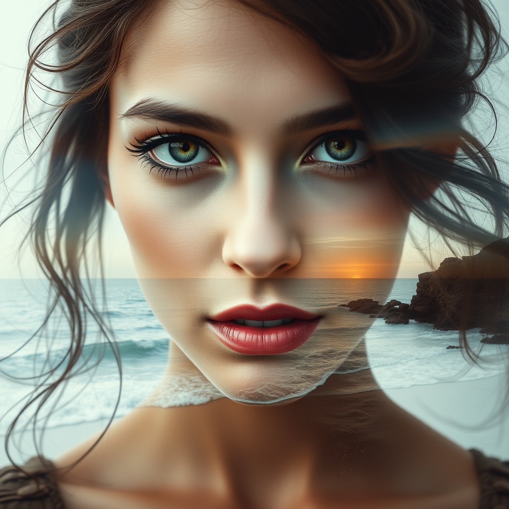 create Book cover, A surreal double exposure portrait that blends a woman's face with a beautiful seascape. The overall mood is dreamy and mystical, with rich colors and intricate details