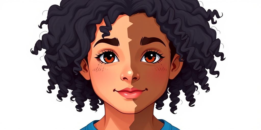 Create an illustrated portrait of a young person with curly hair, half with a light skin tone and half with a dark skin tone, wearing a blue shirt, captured in high resolution with a DSLR camera at f/2.8 aperture, 50mm lens, and a shallow depth of field, in a bright, evenly lit studio setting.