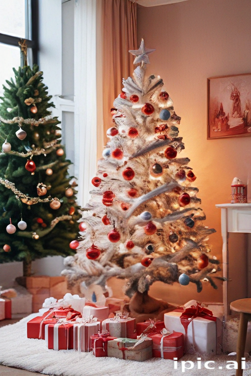Cozy Living Room Decorated for Christmas with Beautiful Trees and Gifts