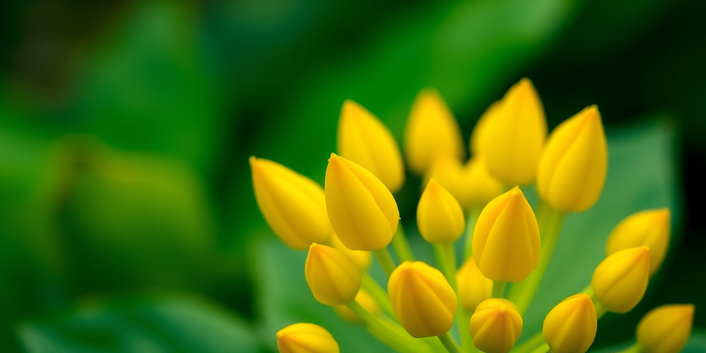 macro shot of yellow flower buds with soft green leaves in the background, aperture f/2.8, shutter speed 1/100s, ISO 100, 50mm lens, DSLR camera, shallow depth of field, natural lighting