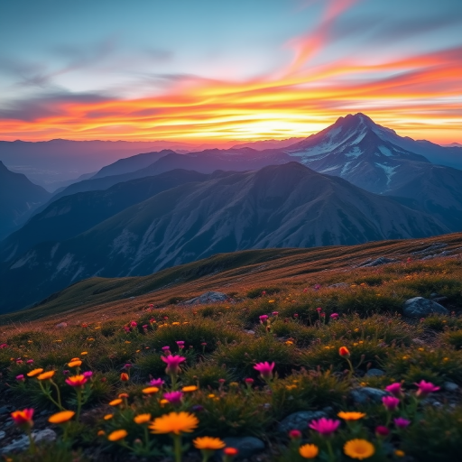 Create a high-resolution image of a majestic mountain landscape during sunrise, with vibrant colors in the sky, detailed foreground with wildflowers, distant peaks in soft focus, shot with a Canon EOS R5, 24mm f/1.4 lens, ISO 100, aperture f/8, shutter speed 1/125s, using a landscape photography style for enhanced clarity and depth.