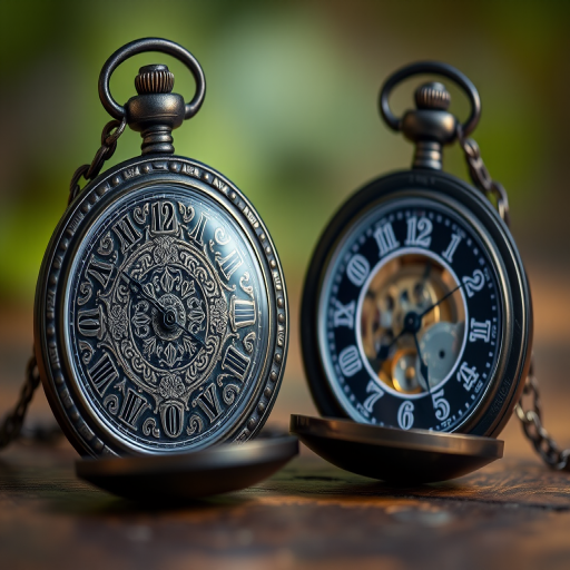 Create an image of an antique black pocket watch with intricate engravings, showing both the closed and open views, focus on the detailed clock face and mechanical inner workings, use a DSLR camera with a 50mm lens, aperture at f/2.8 for shallow depth of field, ISO 100, and soft natural lighting for enhanced clarity and texture.