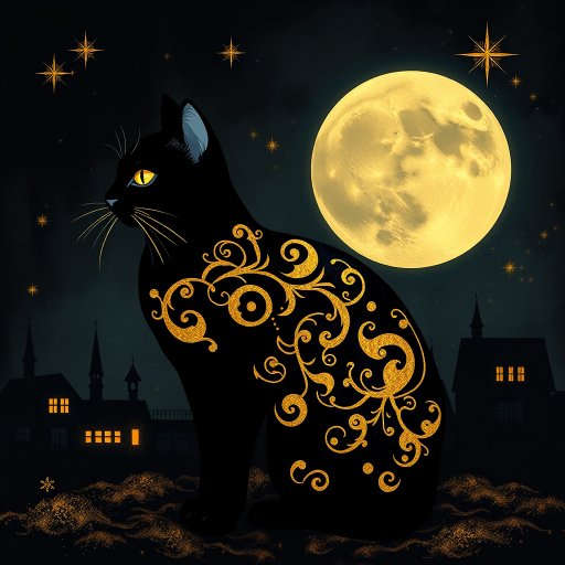 a stylized black cat with iridescent golden arabesques all over its body, on a grungy smoky black background with matching celestial designs, a full moon with silhouettes of lit houses, bright shooting stars, dazzling, magical BG, reminiscent of Christmas wonderland