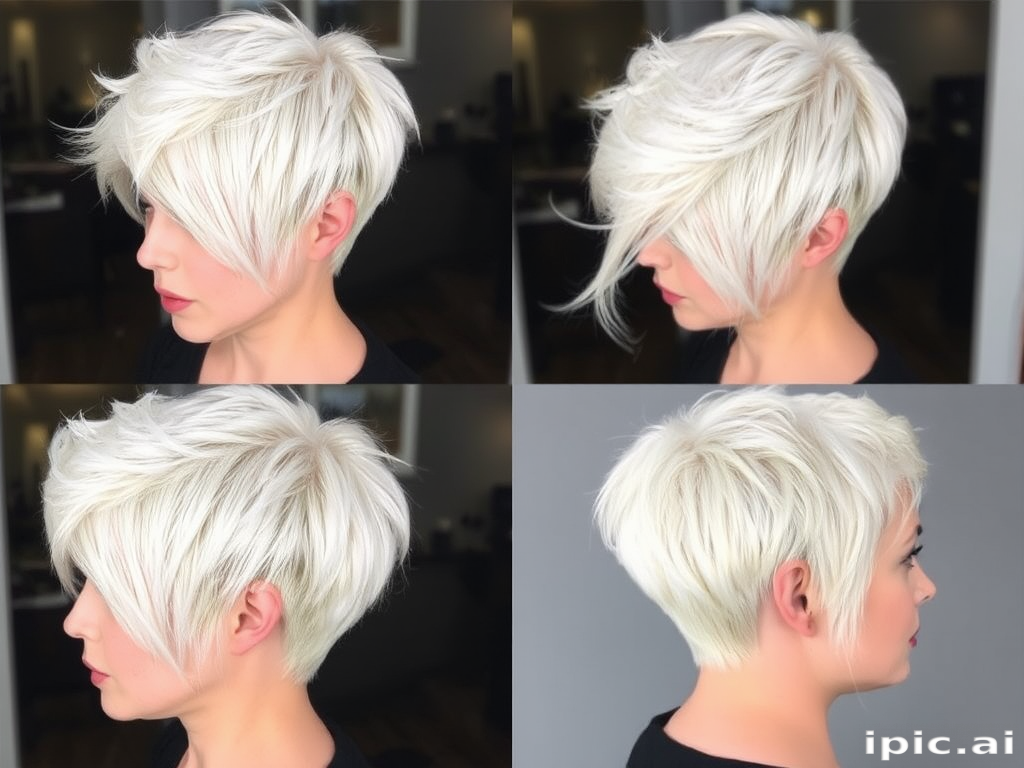 Striking platinum blonde pixie cut named "Frost Whisper" with textured layers, icy white highlights throughout, asymmetrical bangs swept to one side, short tapered nape, choppy crown for added dimension, edgy yet sophisticated appearance